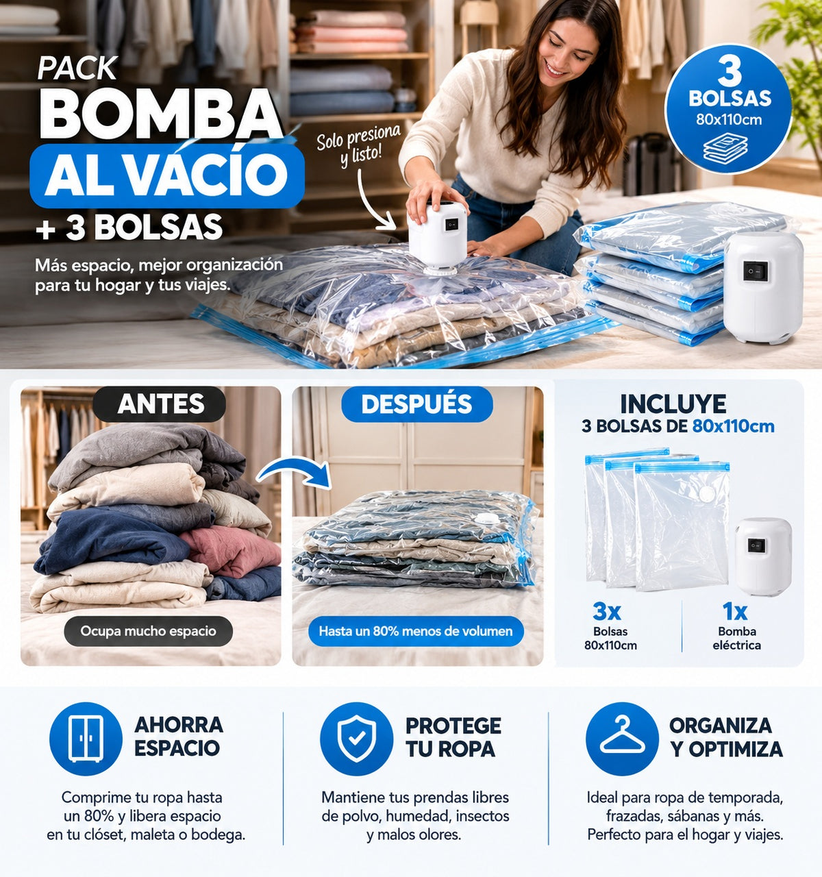 Pack Bomba Compresora De Aire + 3 Bolsas de 110x80cm